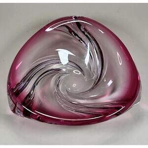 Val St. Lambert Signed Cranberry Crystal 6” Candy Trinket Dish Swirled Art Glass